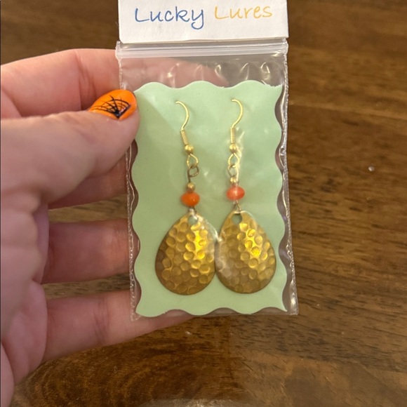 Gold and Orange fishing lure Earrings - Picture 4 of 4